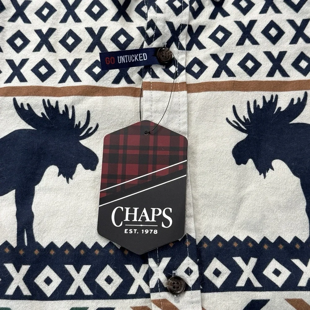 Chaps Men's S Moose Print Button Down Shirt Untucked 100% Cotton NWT Cabin Core - Picture 2 of 12